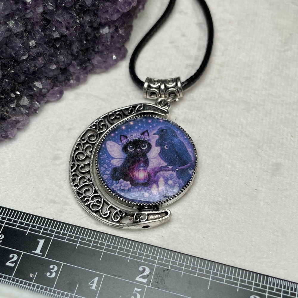 Double Black Cat Double Sided Moon Pendant - Gothic Witchy Jewelry -Artisan - Picture 15 of 16